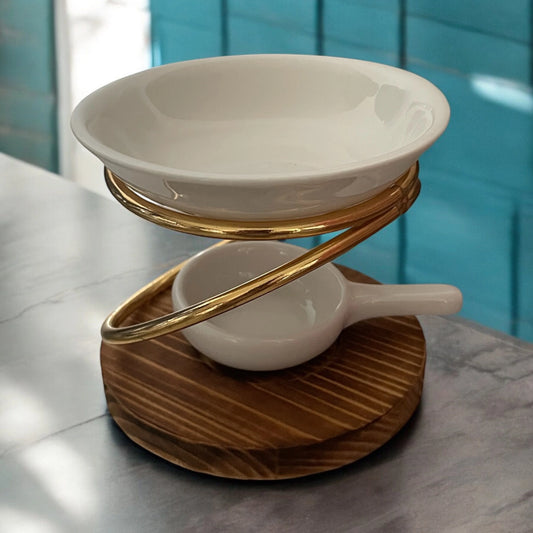 bruleur avec socle rond en bois avec coupelle et porte chauffe plat blanc
