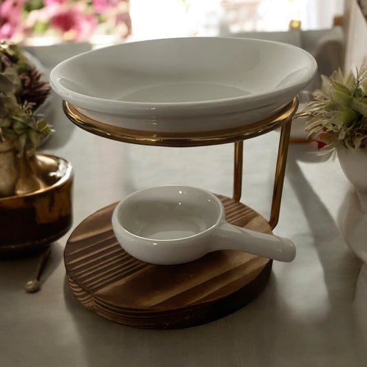 bruleur avec socle rond en bois avec coupelle et porte chauffe plat blanc