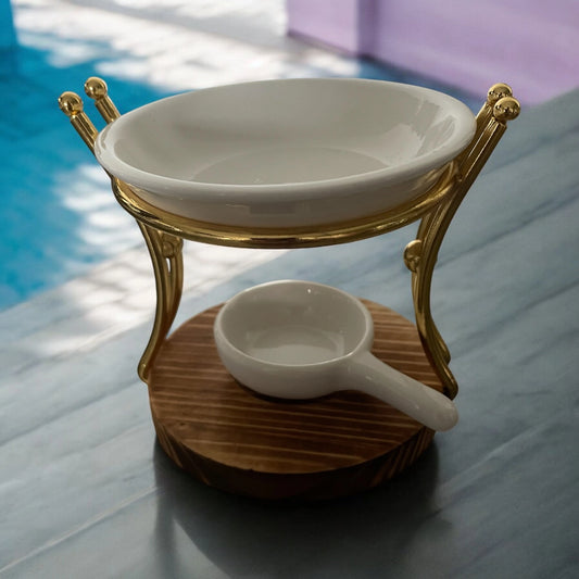 bruleur avec socle rond en bois avec coupelle et porte chauffe plat blanc