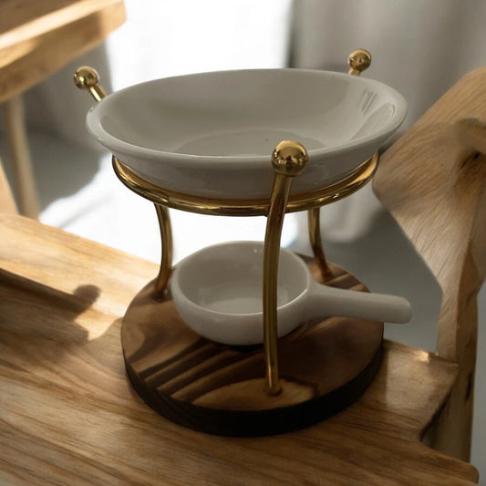 bruleur avec socle rond en bois avec coupelle et porte chauffe plat blanc