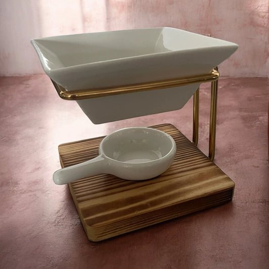 bruleur avec socle carré en bois avec coupelle et porte chauffe plat blanc